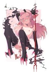 absurdres anus cleft_of_venus female flat_chest grin highres hottodg long_hair monster_girl nipples original parted_lips pink_eyes pink_hair pointy_ears pussy smile smirk solo tail talons teeth uncensored