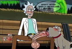 anthro big_balls big_penis blowjob blush brian_griffin canid canine canis crossover domestic_dog family_guy gay huge_cock male male_on_feral oral park portal pumpkinai69 rick_and_morty rick_sanchez tecate
