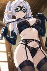 1girls ai_generated black_bra black_panties domino_mask earrings elbow_gloves elf_female frieren frieren_beyond_journey's_end frown garter_belt_leggings green_eyes holding_whip looking_at_viewer solo white_hair