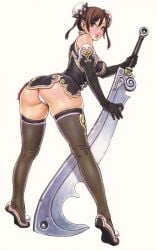 1girl absurdres ass bent_over black_shoes black_thighhighs blush brown_hair bun_cover china_dress chinese_clothes curvy dao_(weapon) double_bun dress elbow_gloves female female_focus gloves green_eyes hair_bun hand_on_own_hip highres hip_focus huge_weapon legs lips lipstick looking_back makeup non-non panties pantyshot pointing shoes short_dress short_hair smile solo sword thighhighs underwear weapon white_panties wide_hips yamashita_shun'ya