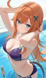 ahoge ai_generated armpits bikini blue_eyes breasts cleavage commentary_request escoffier_(genshin_impact) female generated genshin_impact highres long_hair looking_at_viewer medium_breasts navel orange_hair purple_bikini solo strap_slip swimsuit tail water zyrexart