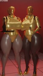 big_ass big_breasts champagne dark-skinned_female drinking female female/female gold_(metal) gold_bikini haydee haydee_(game) light-skinned_female rvns3d serving_tray teasing_viewer thick thighs