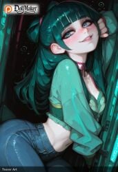 ? ai_generated artist_name bangs biting_lip blunt_bangs blush car car_interior denim deviantart_username dollmaker dollmaker_(artist) female ground_vehicle jeans long_hair maomao_(kusuriya_no_hitorigoto) motor_vehicle navel pants patreon_logo patreon_username smile solo tagme watermark web_address