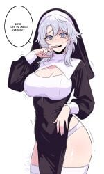 ... 1girls biting_finger blue_eyes blush chainsaw_man clothed demon demon_girl fami_(chainsaw_man) female gato_gratam legwear nun nun's_habit nun_outfit panties short_hair solo solo_female spanish_text stockings tears thighhighs white_hair white_legwear white_panties
