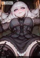 ai_generated blush breasts dark_elf dollmaker dollmaker_(artist) dress elf female hair_ribbon hat heart heart-shaped_pupils large_breasts long_hair looking_at_viewer lying on_back patreon_username pointy_ears ribbon silver_hair smile solo spread_legs symbol-shaped_pupils tagme thigh_strap thighhighs vampire watermark web_address white_hair