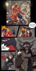 absurd_res anthro antlers armor bite blood bodily_fluids breasts canid canine chaos_space_marine comic comic_panel cross_fox deer defeated dialogue duo female female/female forced forced_exposure fox frax_(fraxinus) gun hair hi_res horn humanoid mammal orange_hair ranged_weapon red_fox sonofan space_marine speech_bubble true_fox warhammer_(franchise) weapon