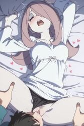 1boy 1girl ai_generated arched_back blush closed_eyes cunnilingus faceless_male female female_orgasm from_front grabbing_legs grabbing_sheets hands_up head_tilt heart little_witch_academia looking_up lying_back lying_on_bed male moaning nightgown open_mouth orgasm pink_hair pussy pussy_juice spread_legs sucy_manbavaran trembling twitching