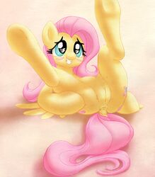 2013 anus blush chromaskunk cutie_mark equine female feral fluttershy_(mlp) friendship_is_magic fur hair horse legs_up long_hair lying my_little_pony on_back pegasus pink_hair pony presenting pussy solo stoic5 wings yellow_fur