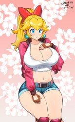 1girls artist_name blonde_hair blue_eyes blue_shorts blush bow breasts brown_gloves cleavage collarbone crop_top cropped_jacket cropped_shirt denim denim_shorts ear_piercing earrings female fingerless_gloves floral_background gloves hair_ornament hairbow high_ponytail highres jacket jarckius jewelry knee_pads large_breasts long_hair looking_at_viewer mario_(series) mario_kart mario_kart_world midriff navel open_clothes open_jacket open_mouth pearl_earrings piercing pink_background pink_jacket pink_nails ponytail princess_peach princess_peach_(touring) red_bow shirt short_shorts shorts sitting solo sphere_earrings thighs very_long_hair