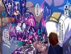 1girl2boys 1girls 2boys blue_hair breasts censored censored_penis clothed clothing compati_hero faceless_male female female_focus group group_sex medium_breasts raburebo short_hair shouko_azuma spread_legs spreading super_robot_wars thick_thighs thighhighs thighs threesome unseen_male_face yellow_eyes