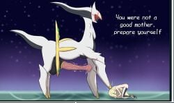 arceus blonde_hair horsecock hypertron imminent_rape inminent_sex interspecies legendary_pokemon lusamine_(pokemon) male_pokemon/female_human nude_female pokemon pokemon_(species) pokephilia punishment size_difference