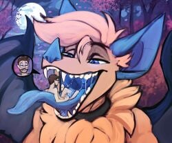 acidic anthro bat blue_ears blue_eyes blue_tongue blue_wings duo erection fangs fur genitals glistening glistening_eyes human human_on_anthro humanoid_genitalia humanoid_penis interspecies male male/male mammal masturbation membrane_(anatomy) membranous_wings moon mouth_shot narrowed_eyes nude on_tongue open_mouth orange_body orange_fur outside penile penile_masturbation penis tan_body tan_skin teeth tongue tongue_out wings