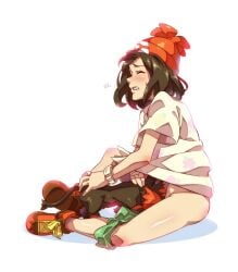 beanie black_hair blush bottomless closed_eyes female green_shorts hat mizuki_(pokemon) pokemon pokemon_(species) pokephilia red_headwear selene_(pokemon) shirt shoes short_hair short_sleeves shorts sitting sneakers tied_shirt