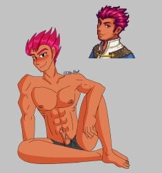 1boy bara c0de_blue dark-skinned_male dark_skin gay lance_(stardew_valley_expanded) magenta_hair male male_only penis purple_eyes sitting solo_male spiky_hair stardew_valley stardew_valley_expanded