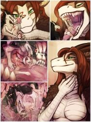 acidic anthro anthro_on_anthro anthro_penetrated anthro_penetrating anthro_penetrating_anthro barbell_piercing black_body black_fur bodily_fluids brown_body brown_hair brown_scales canid canine circular_barbell_piercing closed_eyes comic dragon ear_piercing ear_ring facial_piercing female female_penetrated french_kissing fur green_eyes grey_body grey_fur group hair hi_res hybrid inside_mouth kissing lagomorph leporid long_hair male male/female male_penetrating male_penetrating_female mammal mouth_closed multicolored_hair mythological_creature mythological_scalie mythology narrowed_eyes nipples nose_piercing nude obscured_penetration on_tongue open_mouth oral_vore orange_eyes penetration piercing pink_hair pink_nipples rabbit red_eyes ring_piercing saliva saliva_string scales scalie septum_circular_barbell septum_piercing sergal sex tan_body tan_fur tongue trio two_tone_hair vore white_body white_fur white_hair white_scales
