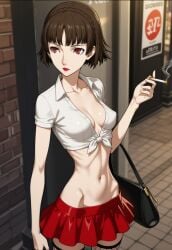 ai_generated brown_hair cigarette city cleavage cropped_shirt emaciated fishnets flat_belly hip_bones makeup makoto_niijima miniskirt narrow_waist perky_breasts persona persona_5 petite prostitute prostitution purse red_eyes red_lipstick ribs sex_slave skimpy_clothes skinny slim_waist stockings street tied_shirt whored_out