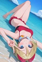 1girls ai_generated bikini blonde_hair blue_eyes female female_only irida_(pokemon) owari_wan pokemon pokemon_legends:_arceus swimsuit