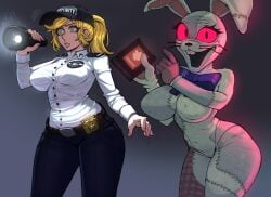 2girls animal animal_ears anthro belt belt_buckle black_pants blonde_hair bodysuit bojinkoo bow bowtie breasts bunny buttons clothing collared_shirt colored_sclera female fingernails five_nights_at_freddy's five_nights_at_freddy's:_security_breach flashlight furry furry_female gloves green_eyes hat headwear holding holding_object lagomorph large_breasts leotard leporid long_sleeves looking_at_viewer makeup mammal mask mole multiple_girls navel nipples open_mouth pants police police_uniform policewoman ponytail rabbit_ears red_eyes shirt standing stitches sweatdrop teeth thick_thighs thighs uniform vanessa_(fnaf) vanny_(fnaf) white_shirt wide_hips