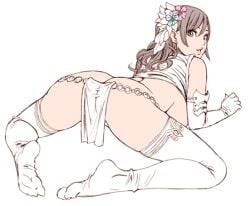 all_fours ass bent_over brown_eyes brown_hair butt_crack elbow_gloves female female_focus flower gloves hair_ornament loincloth long_hair original solo thighhighs white_gloves yamashita_shun'ya