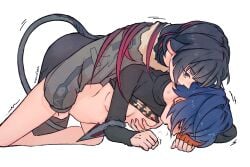 2girls absurdres animal_ears belle_(zenless_zone_zero) black_hair black_shirt blue_hair blush breasts closed_eyes clothes_lift fingering fingerless_gloves gloves grabbing_another's_breast groping highres jane_doe_(zenless_zone_zero) long_hair long_sleeves moccobea multiple_girls open_mouth parted_lips shirt shirt_lift short_hair single_fingerless_glove tail trembling yuri zenless_zone_zero