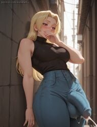 2025 ai_generated alley balls bangs big_balls big_breasts big_cock big_penis blonde_hair blush blush breasts brown_eyes bulge bulge_through_clothing city clothed cock cum cum_in_pants cum_through_clothes cum_through_clothing dickgirl ejaculation futanari hand_over_mouth hi_res jeans jujutsu_kaisen kimmiefu large_balls large_breasts large_cock large_penis leaning leaning_against_wall leaning_back light_skin long_hair looking_down penis self_upload shirt small_waist solo tagme thick_thighs throbbing_penis wide_hips yuki_tsukumo