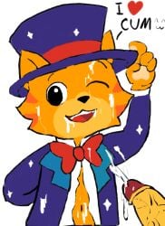 black_eyes cat_ears clothes cub cum_in_mouth cum_on_body cum_on_face cum_on_mouth elliot_(giggleland) feline giggleland hat human human_on_anthro looking_at_viewer male male_cub male_only mammal one_eye_closed open_mouth open_shirt opened_shirt orange_fur paws purple_clothing purple_hat red_bowtie simple_background sparkles unbuttoned_shirt white_background young young_anthro