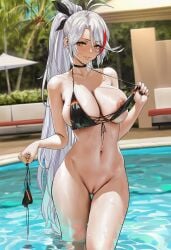 1girls ai_generated alternate_hairstyle areolae azur_lane bikini bikini_bottom_in_hand bikini_bottom_removed black_nails blush bottomless earrings erect_nipples exhibitionism female female_focus female_only holding_panties holding_unworn_clothes horns large_breasts light-skinned_female long_hair looking_at_viewer nipple_slip nipples ponytail poolside prinz_eugen_(azur_lane) pussy seductive_smile shaved_pussy smile solo_female standing unworn_bikini_bottom unworn_panties wet_skin