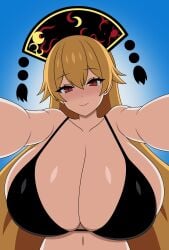 1girls absurd_res areolae bikini blush breast_focus breasts breasts_bigger_than_head eye_contact female headwear huge_breasts junko_(touhou) large_breasts long_hair looking_at_viewer midriff milf navel pov red_eyes simple_background solo solo_female ssaf_seibeupail swimsuit touhou