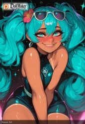 ai_generated aqua_eyes aqua_hair artist_name blush dollmaker dollmaker_(artist) earrings eyewear_on_head female flower glint goggles goggles_on_head hair_flower hair_ornament hatsune_miku jewelry light_particles long_hair multicolored_hair smile solo sparkle sparkle_background sunglasses swimsuit tagme twintails very_long_hair