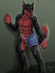 abs alpine_dingo anthro balls black_nose boxers canine claws color digital dingo drgn8d erection floofeh knot male male_only muscles penis pinup precum redrocket sheath theredraptor topless underwear warrigal