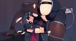 animal_humanoid ass bent_over big_breasts black_hair blush blush_lines bottomwear breasts camel_toe clothing colored_nails condom digital_drawing_(artwork) digital_media_(artwork) eyelashes female fingerless_gloves garter_belt garter_straps gloves gradient_hair hair handwear hanging_breasts heart_symbol hi_res holding_condom holding_object humanoid jane_doe_(zenless_zone_zero) long_eyelashes long_hair looking_at_viewer looking_back looking_back_at_viewer mammal mammal_humanoid mihoyo murid murid_humanoid murine murine_humanoid nails rat_humanoid rear_view red_nails rodent rodent_humanoid sachiko sachiko2s sexual_barrier_device shorts smile smiling_at_viewer solo tail tailed_humanoid thiren tongue tongue_out torn_thigh_highs zenless_zone_zero