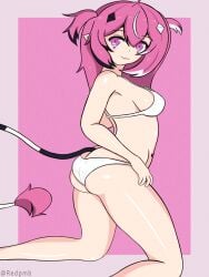 1girls :3 ahoge ass bangs bare_shoulders bikini bra breasts camila_(vtuber) closed_mouth clown clown_girl facial_mark facial_markings female hair_ornament indie_virtual_youtuber kneeling long_hair looking_at_viewer medium_breasts multicolored_hair pink_eyes pink_hair pointy_ears purple_eyes redpmb sideboob smile solo streaked_hair swimsuit tail thighs triangle_hair_ornament twintails virtual_youtuber white_bikini white_hair white_swimsuit