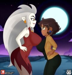 artist_request big_breasts black_hair black_t-shirt breasts_comparison breasts_on_breasts camila_noceda censored chest_jewel earrings eda_clawthorne from_side gemstone glasses grey_hair hands_on_hips long_hair looking_at_partner looking_down looking_up miniskirt minusclass moon night open_clothes open_shirt pressing_breasts_together red_dress shirt short_hair sidelocks signature stockings t-shirt the_owl_house two_tone_dress yellow_eyes