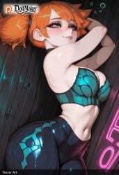 ai_generated aqua_eyes artist_name blush breasts dollmaker dollmaker_(artist) female green_eyes half-closed_eyes heart kasumi_(pokemon) lying navel orange_hair patreon_logo patreon_username pokemon_(creature) side_ponytail smile sonia_(pokemon) tagme watermark web_address