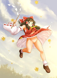 armpits black_hair bobby_socks bow brown_hair colored detached_sleeves dress dress_lift female female_only gohei hair_tubes hairbow highres human kasuga_yukihito loafers long_hair no_panties panties pussy reimu_hakurei revision sarashi shoes socks solo surprised touhou uncensored underwear upskirt white_panties wide_sleeves wind_lift