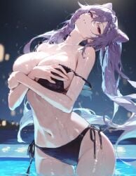 ai_generated bellmod3 covering_breasts genshin_impact holding_bikini_top keqing_(genshin_impact) pool swimsuit wet wet_body
