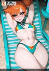 ai_generated aqua_eyes armpits arms_up bikini blue_bikini blush breasts breasts_apart dollmaker dollmaker_(artist) female green_bikini hair_ornament heart kasumi_(pokemon) looking_at_viewer lying navel on_back orange_hair patreon_logo patreon_username pokemon_(creature) side_ponytail smile solo sonia_(pokemon) swimsuit tagme towel watermark web_address