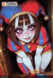 ai_generated bangs bell blush breasts brown_hair dollmaker dollmaker_(artist) female gloves hat jingle_bell patreon_username puffy_short_sleeves puffy_sleeves red_eyes short_hair short_sleeves smile solo symbol-shaped_pupils tagme watermark web_address