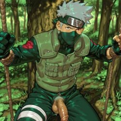 1boy ai_generated anime clothing flaccid_penis gay green_clothing hatake_kakashi kakashi_hatake male male_focus naruto naruto_(series) naruto_shippuden ninja pubic_hair seatyn_nsfw solo tied white_hair white_pubic_hair yaoi