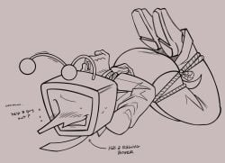 antennae_(anatomy) blush bondage boner clothed deltarune deltarune_chapter_3 dialogue gloves laying_down line_art nervous_smile nervous_sweat shoes suit suit_and_tie tenna_(deltarune) tie tied_up tv_head