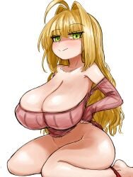 1girls ahoge blonde_hair blush bottomless cleavage fate/extra fate/grand_order fate_(series) female_only green_eyes hand_on_hip huge_breasts light-skinned_female looking_at_viewer nero_claudius_(fate) panties_around_one_leg shaded shoulders simple_background steamingtofu thick_thighs white_background wide_hips