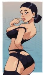 1girls alternate_version_available ass big_breasts big_lips black_bra black_eyes black_hair black_panties black_thighhighs bottomwear bra breasts debbie_grayson ear_piercing earrings female female_only garter_belt garter_straps hair hair_bun invincible legwear lingerie lips looking_back mature mature_female mature_woman milf mother newguy1091 panties solo solo_female sweat sweatdrop thick_lips thighhighs thighs topwear