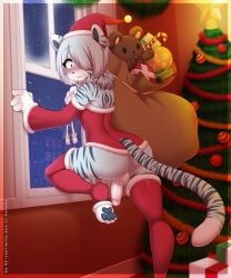 animal_ears antlers ass candy_cane christmas christmas_tree feet female gift gloves hair_over_one_eye hat pussy red_legwear sack santa_costume santa_hat short_hair soles solo stuffed_animal stuffed_toy tail teddy_bear thighhighs
