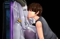 annoyed annoyed_expression big_breasts demon demon_girl demon_horns grey_skin huge_breasts kingdom_of_subversion kissing large_breasts lips lipstick long_ears long_hair makeup purple_lips purple_lipstick queen queen_selvana_(kingdom_of_subversion) red_eyes rpg_maker screencap screenshot silver_hair sitting size_difference tall_female taller_female taller_girl throne very_long_hair voluptuous voluptuous_female white_hair