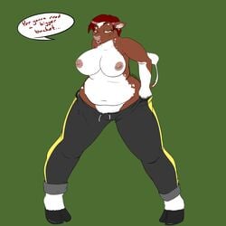 anthro big_breasts bovine breasts brown_fur bucket cattle chubby datbadger ear_piercing english_text female fur hair hooves piercing pink_nipple red_hair tail_tuff text yellow_eyes