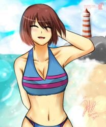 1girls beach bikini bikini_bottom bikini_top blush blushing brown_hair cleavage collarbone female female_frisk frisk navel short_hair undertale