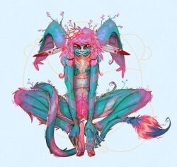 barefoot big_ears blue_body body_hair braided_hair chest_hair colored_nails countershade_feet countershading digital_media_(artwork) ear_tuft eyeliner feet female fingers flower_(anatomy) flower_accessory foot_grab fur genitals hair hi_res humanoid humanoid_feet looking_at_viewer makeup multi_nipple multicolored_body nails nessel_(shugariosa) nipples not_furry nude orange_eyes pink_body pink_hair pink_nails plant plant_hair plantigrade pseudo_hair pubes pussy red_eyeliner shugariosa simple_background sitting smile smiling_at_viewer soles solo spread_legs spreading striped_body stripes tail tail_tuft teeth toes tooth_gap tragus tuft vulva whiskers white_body
