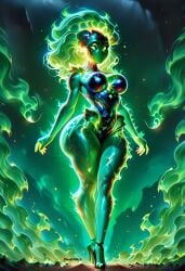 1girls ai_generated breasts darkeffect elemental_creature elemental_humanoid female female_focus female_only fire fire_creature fire_hair fire_humanoid flame flames green_body green_flames green_skin nude solo solo_female solo_focus wide_hips