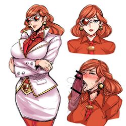 allegro_(artist) belt black_beat blush censored earrings fellatio female fully_clothed hair lipstick long_hair monocle nintendo oral penis pokemon pokemon_xy red-tinted_eyewear red_hair suit sunglasses team_flare team_flare_admin tie tinted_eyewear