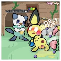 1:1 anal_fluids animal_genitalia annoyed anus ass balls berry blue_eyes blush blush_lines bodily_fluids brown_eyes butt_grab crossed_arms dialogue digital_media_(artwork) duo emanata embarrassed fairyfudge fart fear_peeing female female_peeing feral food food_fetish food_insertion food_play fruit gaping gaping_anus gaping_vagina generation_2_pokemon generation_5_pokemon genital_fluids genitals hand_on_butt hi_res improvised_sex_toy inside looking_back male nanab_berry nintendo open_mouth oran_berry oshawott pecha_berry peeing peeing_on_ground pichu plant pokemon pokemon_(species) pokemon_berry rear_view sheath signature smile sound_effects speech_bubble surprised urine urine_on_ground urine_pool urine_stream vaginal_fluids vowelless vowelless_sound_effect vulva watersports wide_eyed